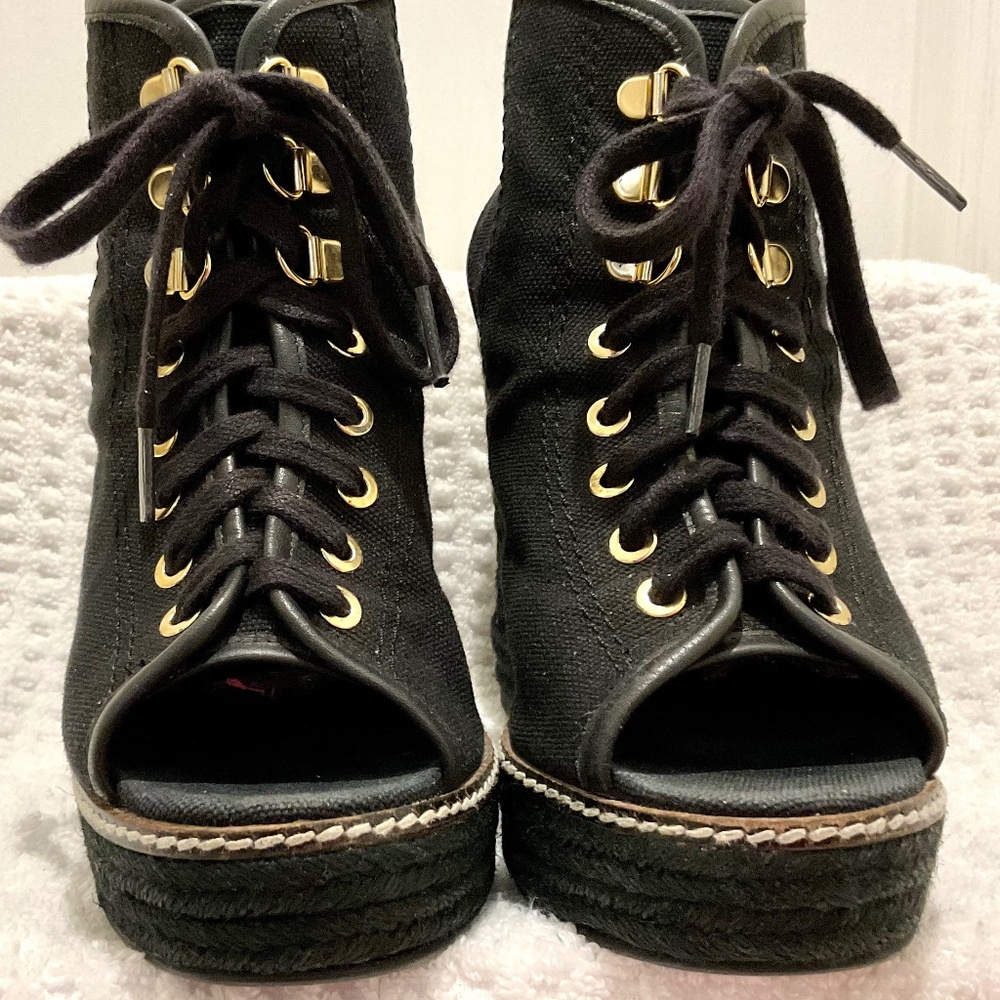 TORY BURCH Black and gold Canvas Espadrille Wedge Heel Platform Lace Up Size 7B - Picture 3 of 16